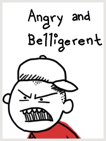 teenage boy with baseball cap bearing teeth with the title: "angry and belligerent"