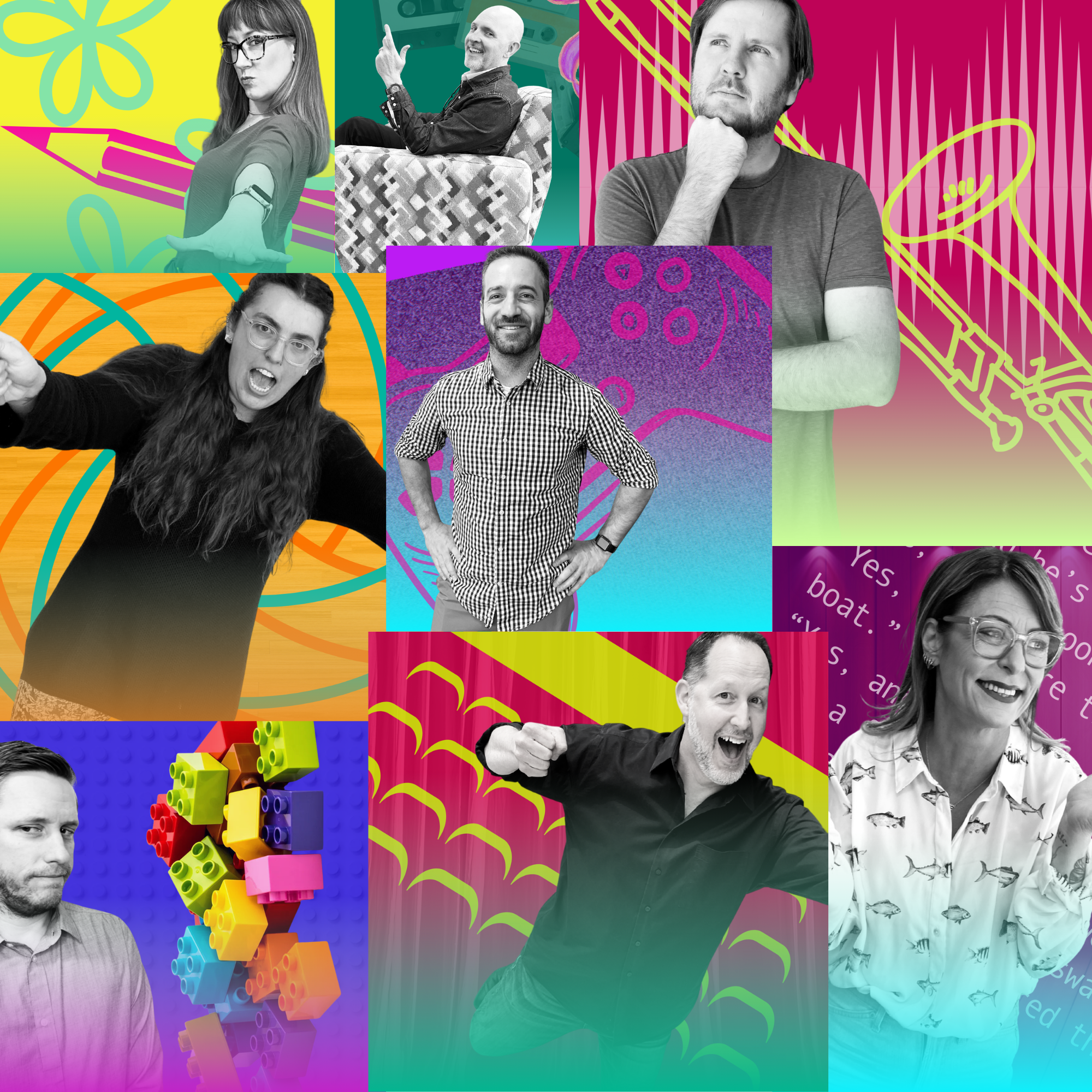 the staff of teen therapy center in a colorful mosaic of poses